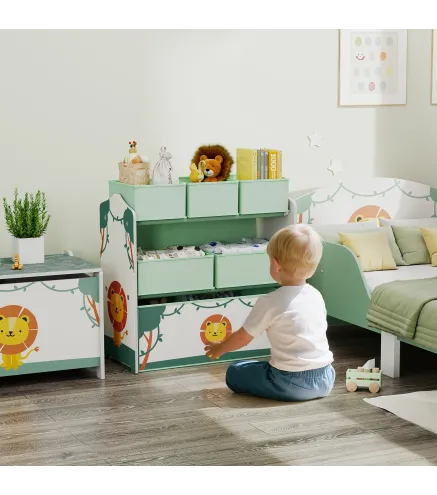 Estantería Infantil para Juguetes de 3 Niveles con 6 Cajas Extraíbles de Tela no Tejida para Guardería 63x30x66 cm Verde