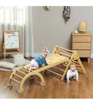 5 en 1 Triángulo de Escalada de Madera Plegable con Rampa Escalador de Arco para Niños 178x64,5x63 cm Madera Natural