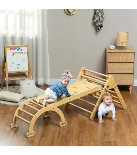 5 en 1 Triángulo de Escalada de Madera Plegable con Rampa Escalador de Arco para Niños 178x64,5x63 cm Madera Natural