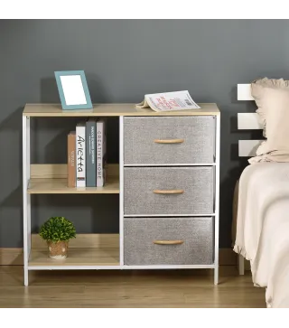 Cajonera de Tela Cómoda de Tela con 3 Cajones Plegables y 2 Estantes Abiertos 80x29x71 cm Natural y Gris Claro