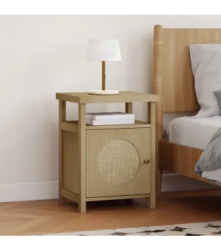Mesita de Noche con Puerta de Ratán Mesilla de Noche con Estante Abierto y Compartimento 40x35x55 cm Madera Natural