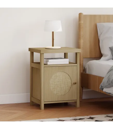 Mesita de Noche con Puerta de Ratán Mesilla de Noche con Estante Abierto y Compartimento 40x35x55 cm Madera Natural