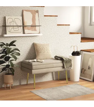 Banco de Almacenaje para Dormitorio 30L Tapizado en Terciopelo Pie de Cama con Patas de Acero 79,5x37,5x43 cm Beige