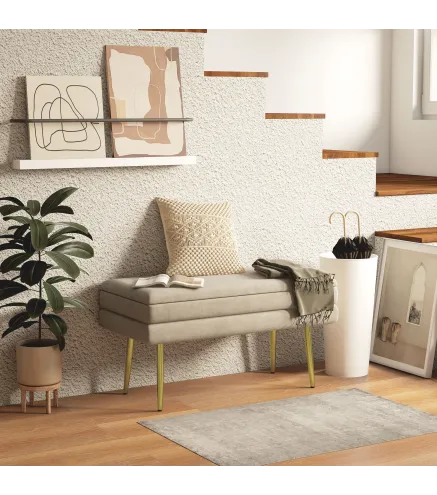 Banco de Almacenaje para Dormitorio 30L Tapizado en Terciopelo Pie de Cama con Patas de Acero 79,5x37,5x43 cm Beige