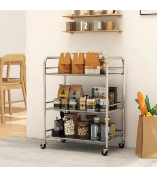 Carrito Auxiliar con Ruedas de Acero Inoxidable Carro de Servicio de 3 Niveles con Estante Ajustable 60x35x77 cm Plata