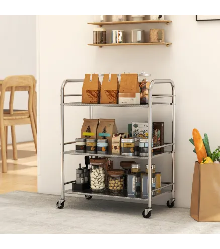 Carrito Auxiliar con Ruedas de Acero Inoxidable Carro de Servicio de 3 Niveles con Estante Ajustable 60x35x77 cm Plata