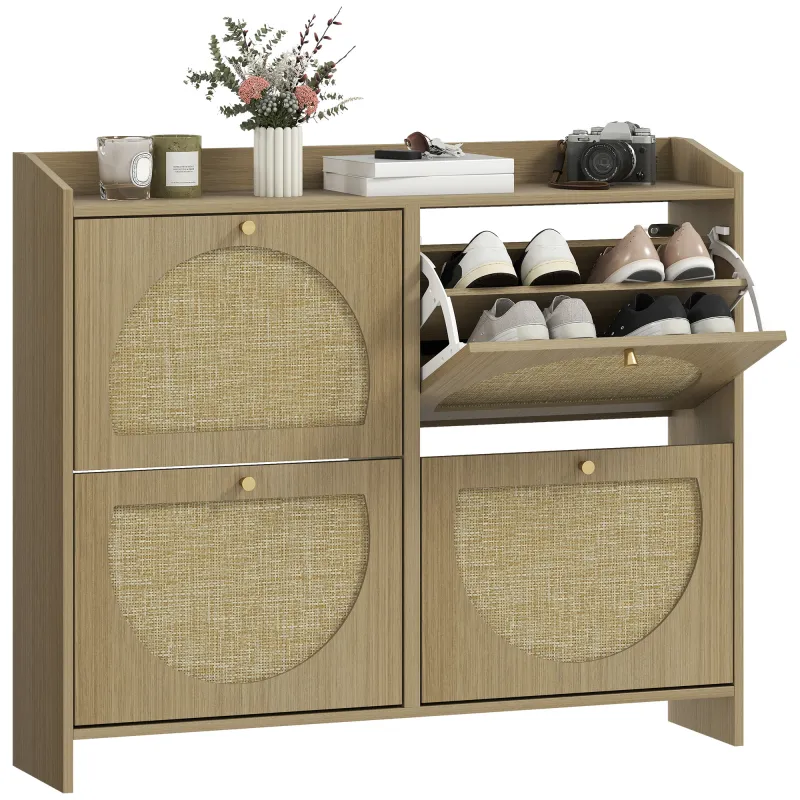 Zapatero Estrecho con 4 Puertas de Ratán con Estantes Ajustables para 16 Pares de Zapatos 104,5x24x88 cm Natural