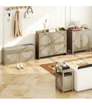 Zapatero Estrecho con 4 Puertas de Ratán con Estantes Ajustables para 16 Pares de Zapatos 104,5x24x88 cm Natural