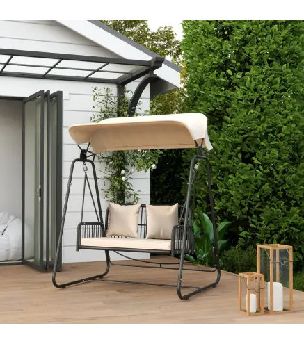 Balancín de Jardín de 2 Plazas con Toldo Retráctil Cojines y Estructura de Acero con Ratán PE 149x121x180 cm Caqui