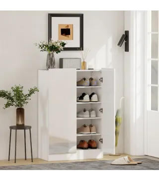 Zapatero Entrada Recibidor con 2 Puertas con Cierre Suave y Estantes Ajustables para 20 Pares de Zapatos Blanco Brillo