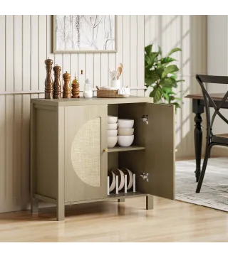 Aparador de Cocina con 2 Puertas de Ratán Estante Ajustable y 2 Tiradores 75x38x77 cm Madera Natural