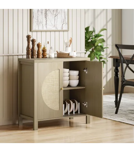 Aparador de Cocina con 2 Puertas de Ratán Estante Ajustable y 2 Tiradores 75x38x77 cm Madera Natural