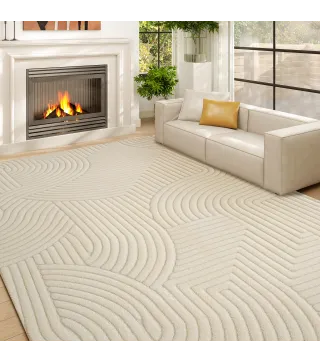 Alfombra Salón 160x120 cm Pelo Corto Estilo Moderno Base Antideslizante Tejida a Máquina Crema