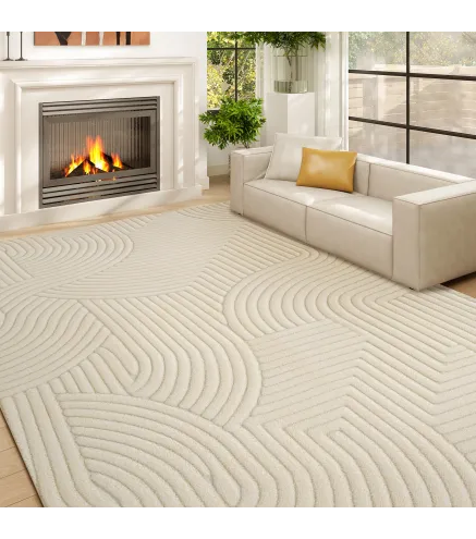 Alfombra Salón 160x120 cm Pelo Corto Estilo Moderno Base Antideslizante Tejida a Máquina Crema