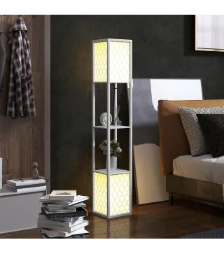 Lámpara de Pie Moderna con Estantes Pantallas de Malla e Interruptor de Cadena para Salón Dormitorio 26x26x156 cm Blanco