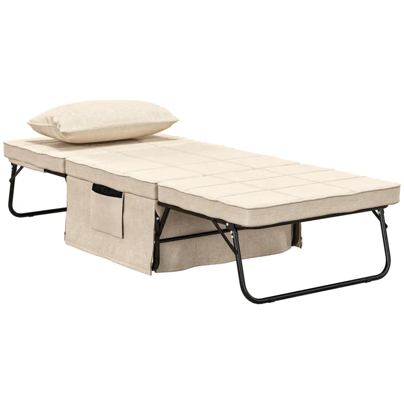 Sillón Cama Tapizado en Lino con Respaldo Ajustable de 5 Niveles Almohada Acolchada 75x80x74 cm Crema