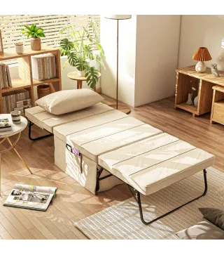 Sillón Cama Tapizado en Lino con Respaldo Ajustable de 5 Niveles Almohada Acolchada 75x80x74 cm Crema