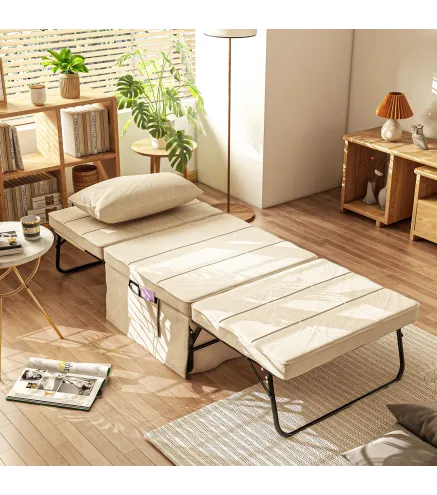 Sillón Cama Tapizado en Lino con Respaldo Ajustable de 5 Niveles Almohada Acolchada 75x80x74 cm Crema