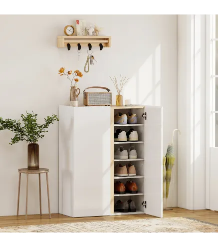 Zapatero de 6 Niveles con 2 Puertas en Blanco Brillo con Cierre Suave y Estantes Ajustables 70x33,5x95 cm Blanco