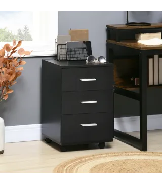 Cajonera de Escritorio con 3 Cajones Ruedas Cerradura 2 Llaves Archivador Móvil para Estudio Salón 40x40x61,5 cm Negro