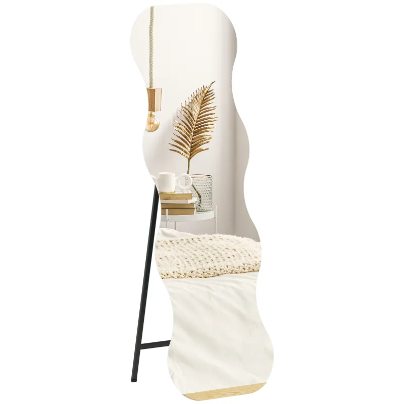 Espejo de Pie Cuerpo Entero sin Marco Espejo de Pie Forma Ondulada con Soporte y Base de Madera 50x2,7x160 cm Negro