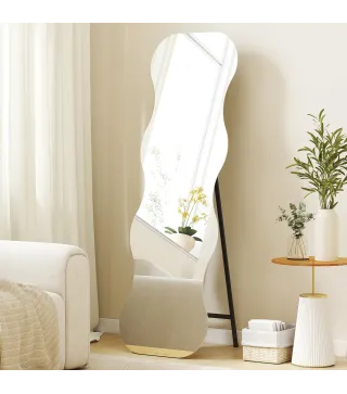 Espejo de Pie Cuerpo Entero sin Marco Espejo de Pie Forma Ondulada con Soporte y Base de Madera 50x2,7x160 cm Negro