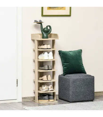 Zapatero Estrecho de 7 Niveles Capacidad de 6 Pares de Zapatos para Entrada Dormitorio y Pasillo 32x30x104 cm Roble