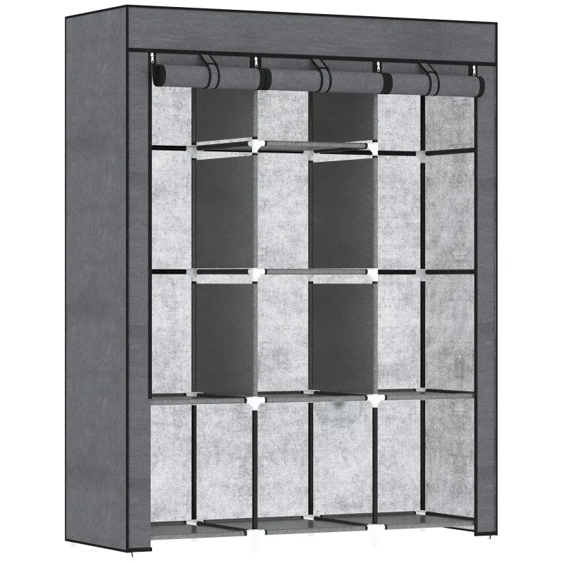 Armario de Tela Plegable Ropero Portátil con 8 Estantes y 2 Barras de Colgar para Dormitorio 125x43x162,5 cm Gris