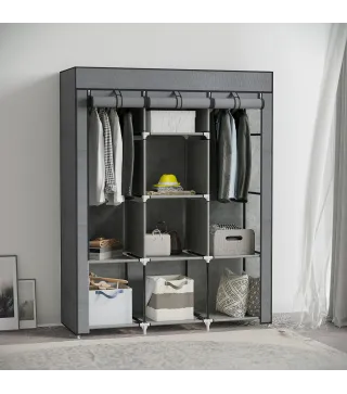 Armario de Tela Plegable Ropero Portátil con 8 Estantes y 2 Barras de Colgar para Dormitorio 125x43x162,5 cm Gris