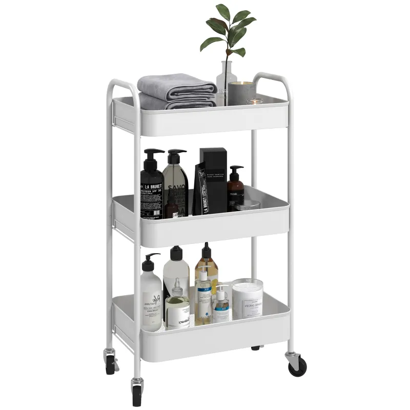Carrito Auxiliar con Ruedas de 3 Niveles Carrito de Cocina con 3 Cestas y 2 Asas 45x30,6x79 cm Blanco