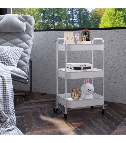 Carrito Auxiliar con Ruedas de 3 Niveles Carrito de Cocina con 3 Cestas y 2 Asas 45x30,6x79 cm Blanco