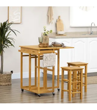 Juego de Mesa Alta de Bar y 2 Taburetes con Ruedas Mesa Plegable de Cocina con Taburetes 82,5x75,5x83,5 cm Marrón