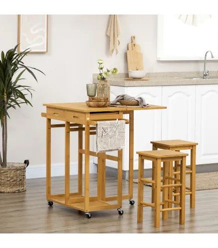 Juego de Mesa Alta de Bar y 2 Taburetes con Ruedas Mesa Plegable de Cocina con Taburetes 82,5x75,5x83,5 cm Marrón