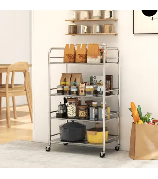 Carrito Auxiliar con Ruedas de Acero Inoxidable Carro de Servicio de 4 Niveles con Estante Ajustable 60x35x100 cm Plata