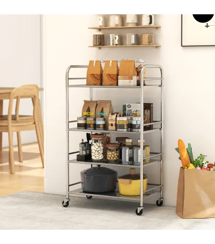 Carrito Auxiliar con Ruedas de Acero Inoxidable Carro de Servicio de 4 Niveles con Estante Ajustable 60x35x100 cm Plata
