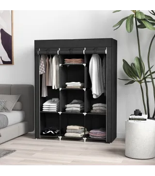 Armario de Tela Plegable Ropero Portátil con 8 Estantes y 2 Barras de Colgar para Dormitorio 125x43x162,5 cm Negro