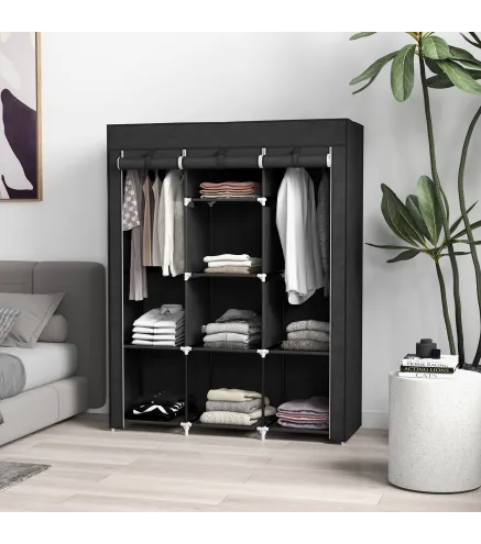 Armario de Tela Plegable Ropero Portátil con 8 Estantes y 2 Barras de Colgar para Dormitorio 125x43x162,5 cm Negro