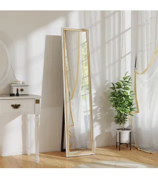 Espejo de Cuerpo Entero 157x37 cm con Marco Bicolor Espejo de Pie Inclinado o Colgante Blanco y Natural