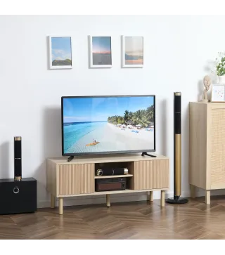 Mesa de TV con Puertas Correderas Estantes Abiertos Orificios para Cables para Televisión hasta 50 Pulgadas Natural