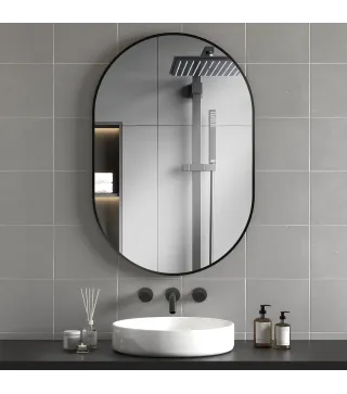 Espejo de Baño Ovalado 60x90 cm Espejo Decorativo de Pared con Marco de Aluminio para Salón Horizontal o Vertical Negro