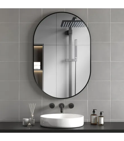 Espejo de Baño Ovalado 60x90 cm Espejo Decorativo de Pared con Marco de Aluminio para Salón Horizontal o Vertical Negro
