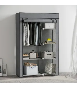Armario de Tela Plegable Ropero Portátil con 6 Estantes y 1 Barra de Colgar para Dormitorio 103x43x162,5cm Gris Oscuro