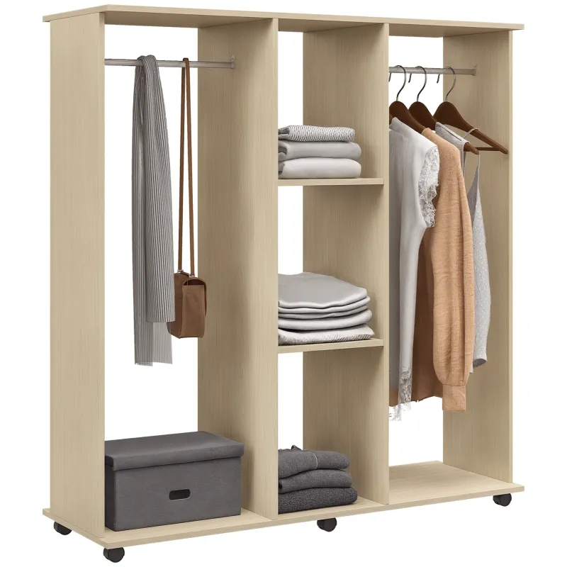 Armario para Ropa con Barra Estantes Abiertos Organizador para Colgar Ropa de Dormitorio 120x40x128 cm Natural