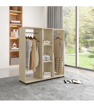 Armario para Ropa con Barra Estantes Abiertos Organizador para Colgar Ropa de Dormitorio 120x40x128 cm Natural