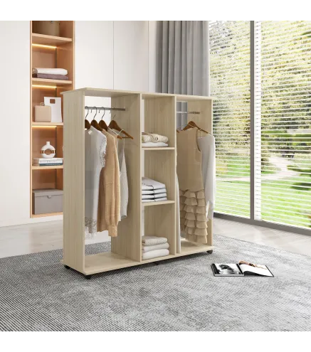 Armario para Ropa con Barra Estantes Abiertos Organizador para Colgar Ropa de Dormitorio 120x40x128 cm Natural
