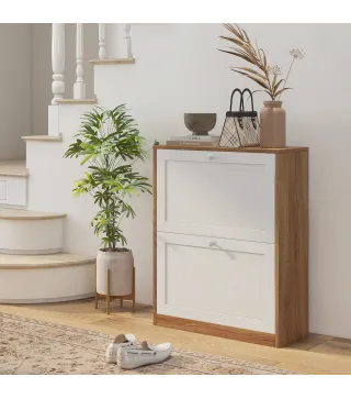 Zapatero Estrecho con 2 Puertas Estantes Ajustables para 12 Pares de Zapatos 60x24,5x75,5 cm Natural y Blanco