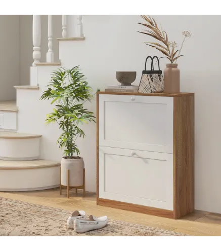 Zapatero Estrecho con 2 Puertas Estantes Ajustables para 12 Pares de Zapatos 60x24,5x75,5 cm Natural y Blanco