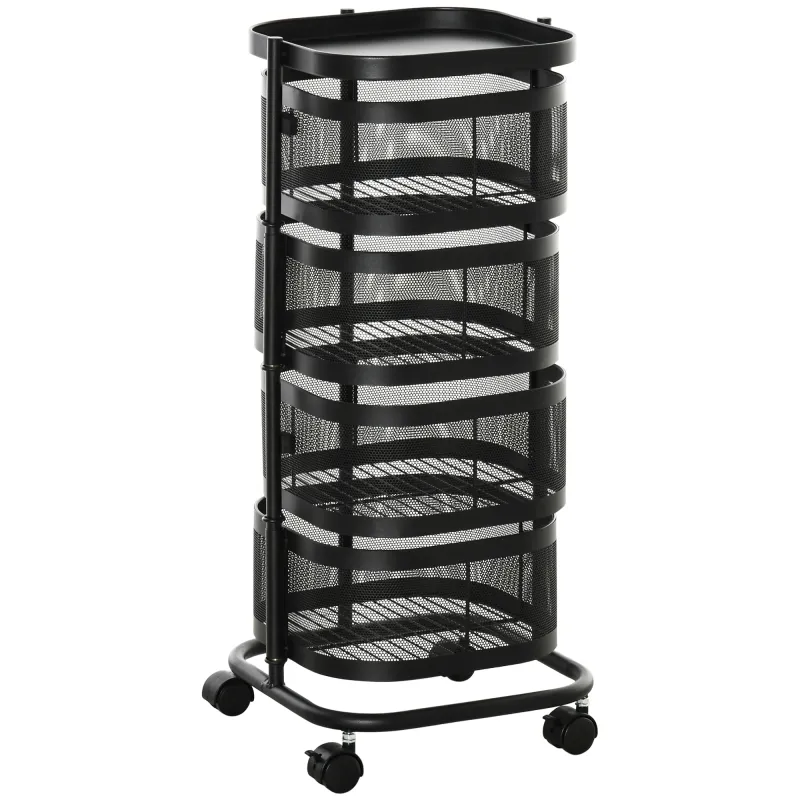 Carrito Auxiliar con Ruedas de 5 Niveles con 4 Cestas de Almacenamiento Giratorias 270° y Bandeja 33x33x77 cm Negro