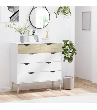 Cómoda para Dormitorio con 5 Cajones Patas Elevadas de Madera para Salón Oficina 99x39x101 cm Blanco y Roble
