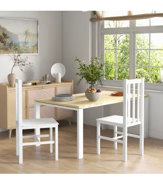 Juego de 2 Sillas de Comedor con Respaldo Alto de Listones y Estructura en Madera de Pino 38,5x47,5x99 cm Blanco